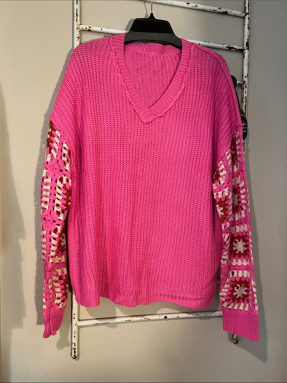 Bright Pink V-Neck Sweater with Crochet Accent Sleeves